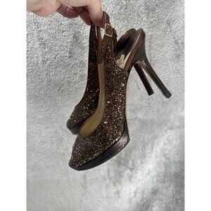 Jimmy Choo Women’s 38.5 Brown Coarse Glitter Open Toe Heels Pumps Slingback